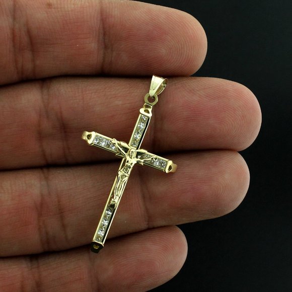 Real 10K Yellow Gold Large CZ Cross Pendant For Men & Women